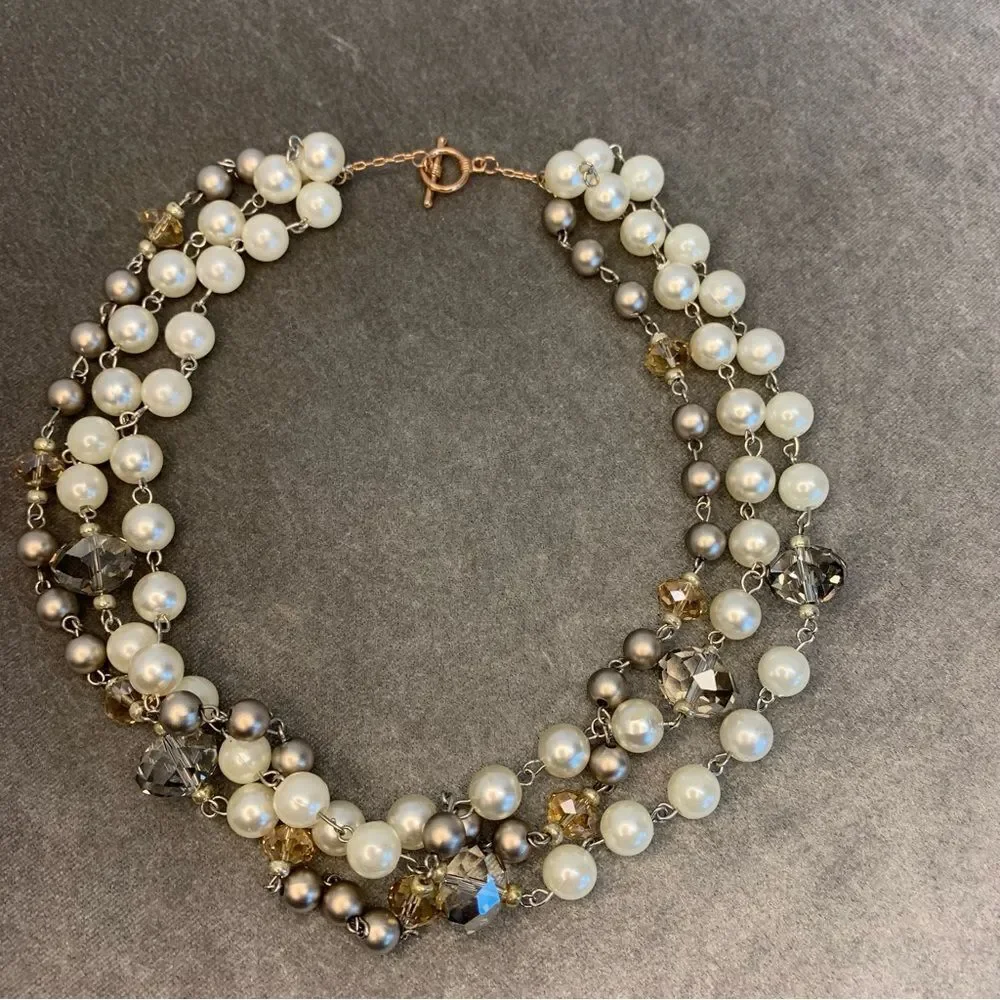 Faux pearl bead triple strand layered necklace wedding prom formal